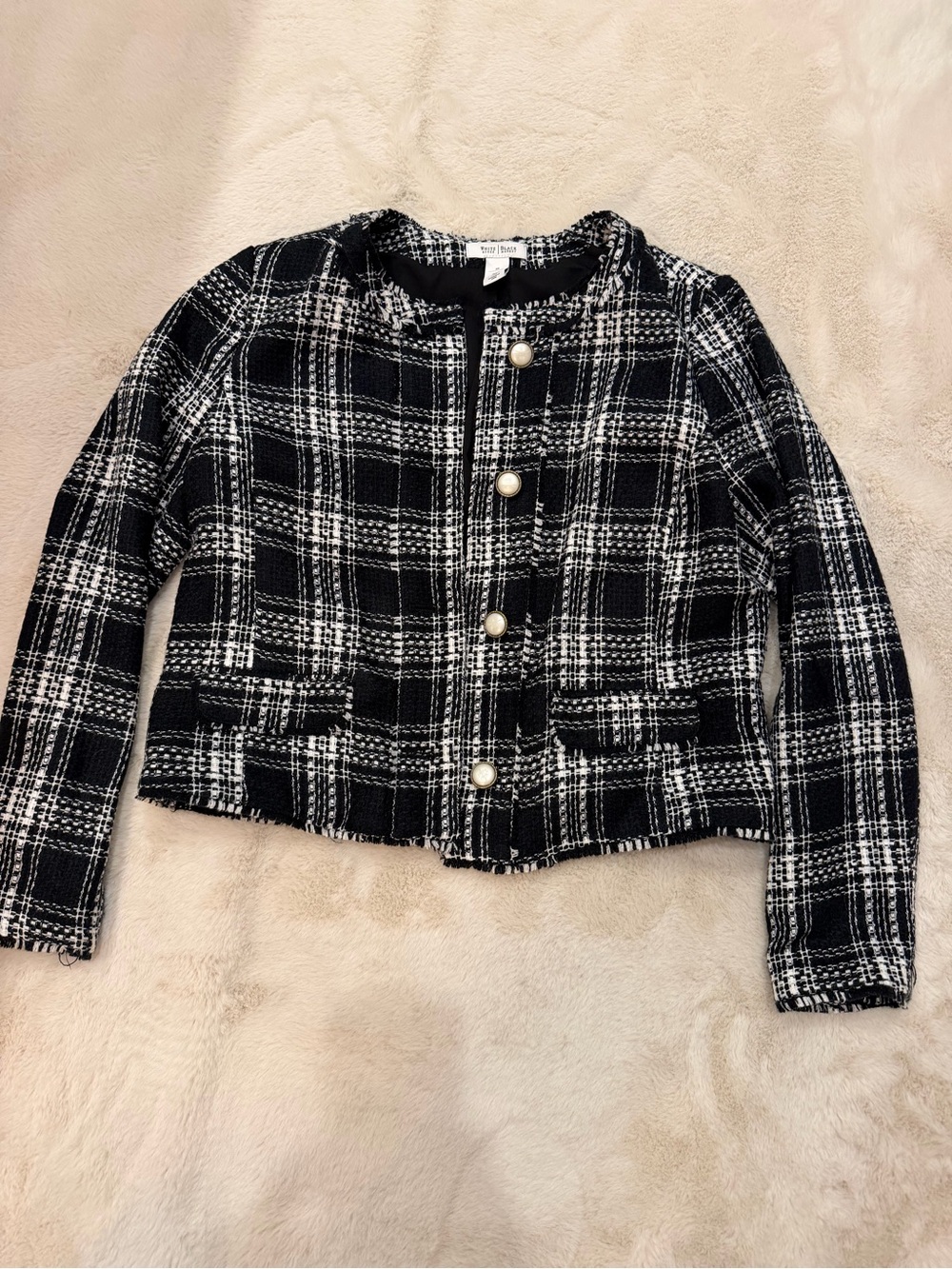 White House Black Market- Black & White Plaid Tweed Jacket with Pearl Buttons